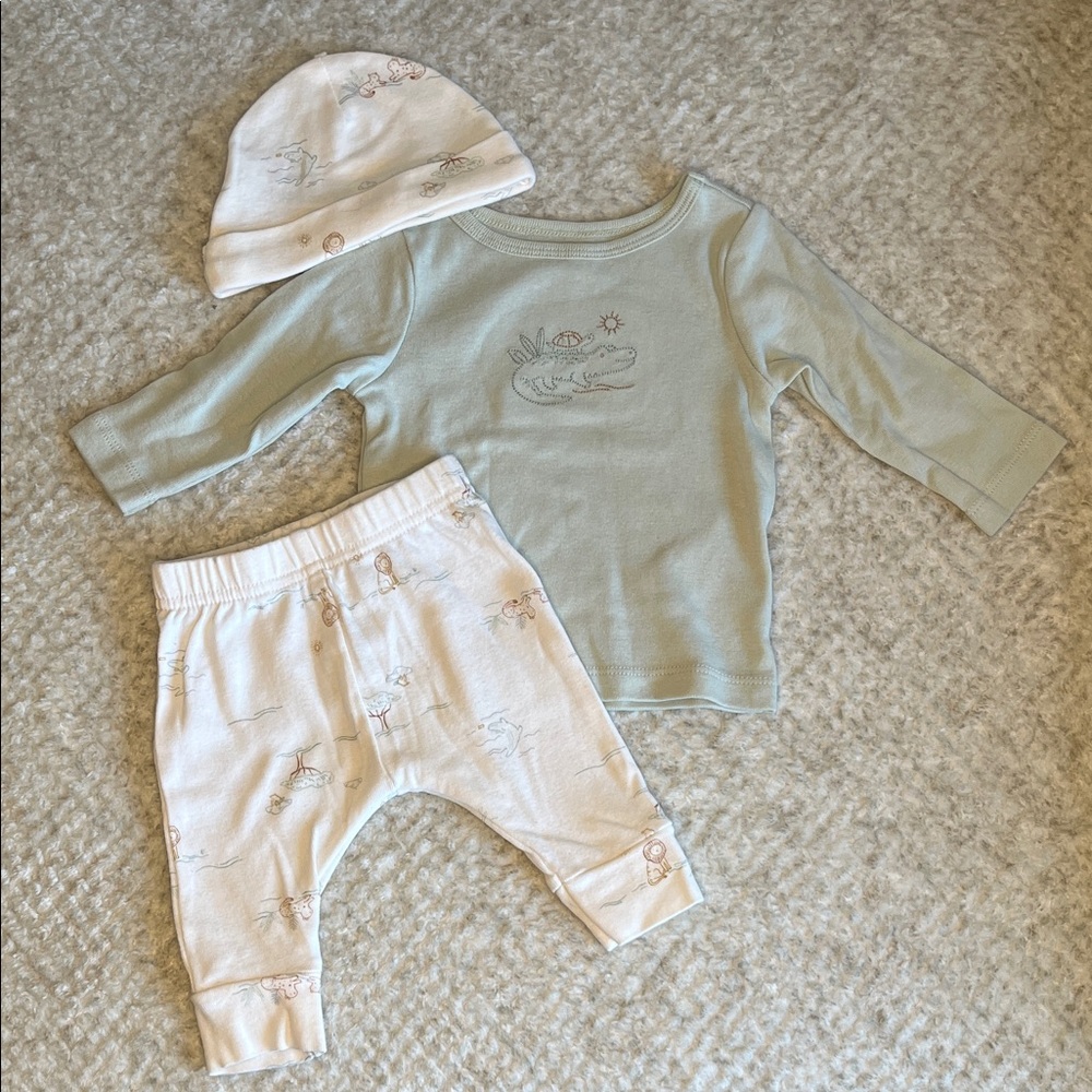 3-Piece Baby Set - Mint Green Top with Neutral Print Pants & Hat